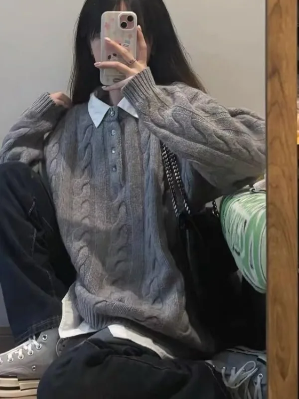 

Свободный вязаный свитер в корейском стиле, осенне-зимняя новинка, комфортный, с эффектом похудения, с узором косы, удлиненный.