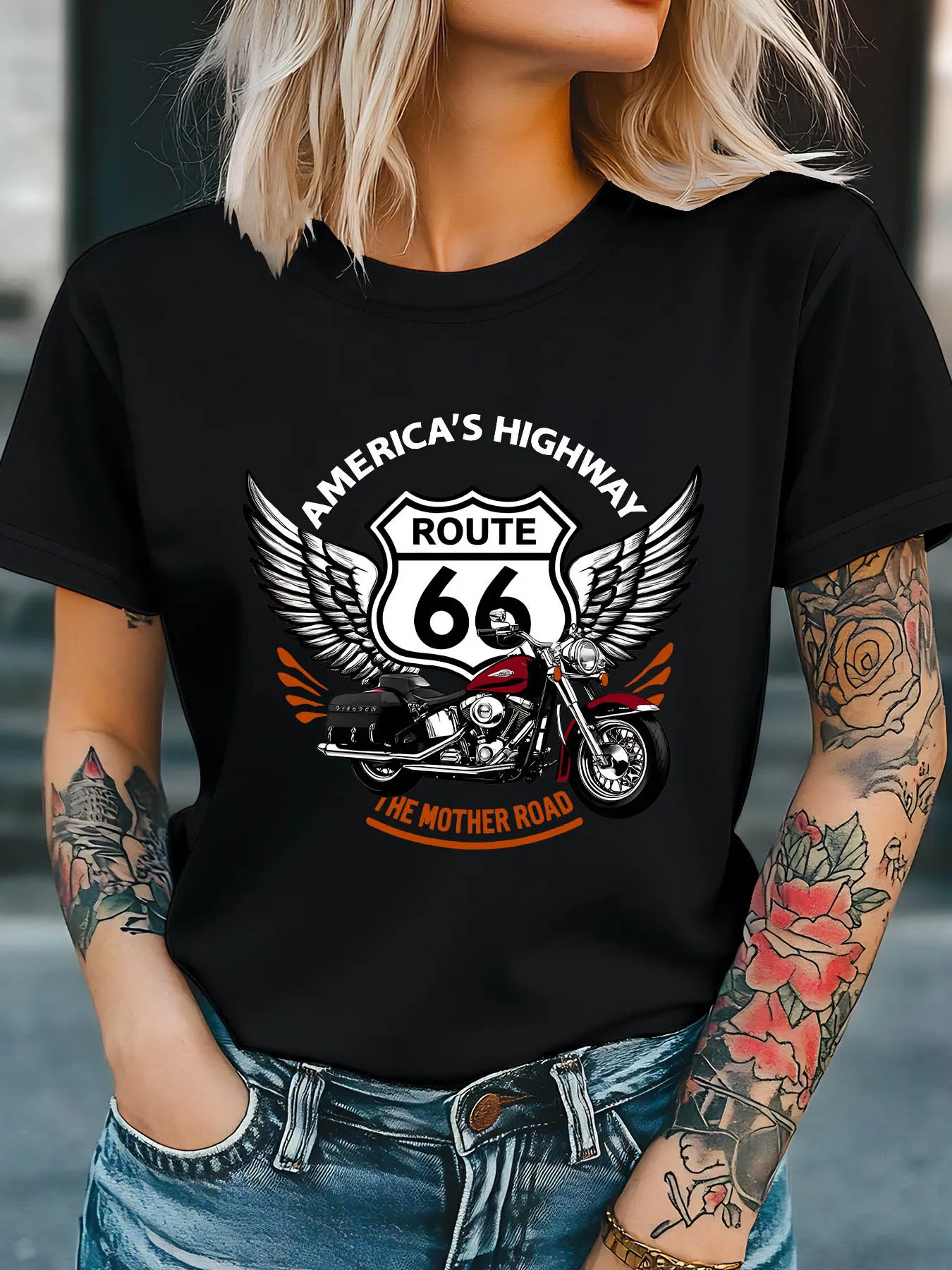 AMERICA S HIGHWAY ROUTE 66 THE MOTHER ROAD Letter Print T-Shirt, Short Sleeve Crew Neck Casual Top for Summer & Spring, Women'S Clothing