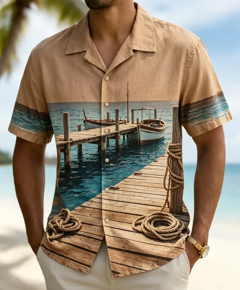 Men's tropical coastal landscape printed Hawaiian shirt, for summer travel, daily dressing, parties, and weekend short trips