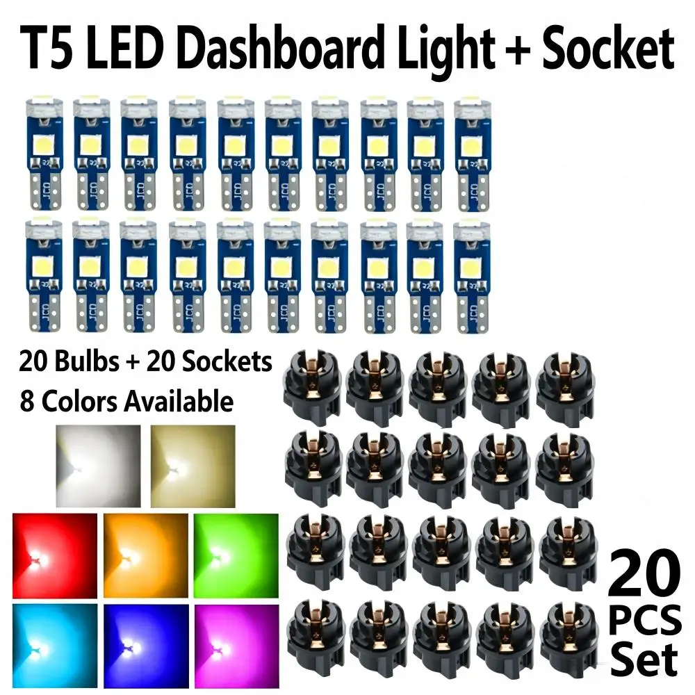 20PCS Super Bright T5 LED Dash Bulbs 2721 37 70 286 PC74 Wedge Twist Socket Automotive Instrument Panel Gauge Dashboard Light Ki