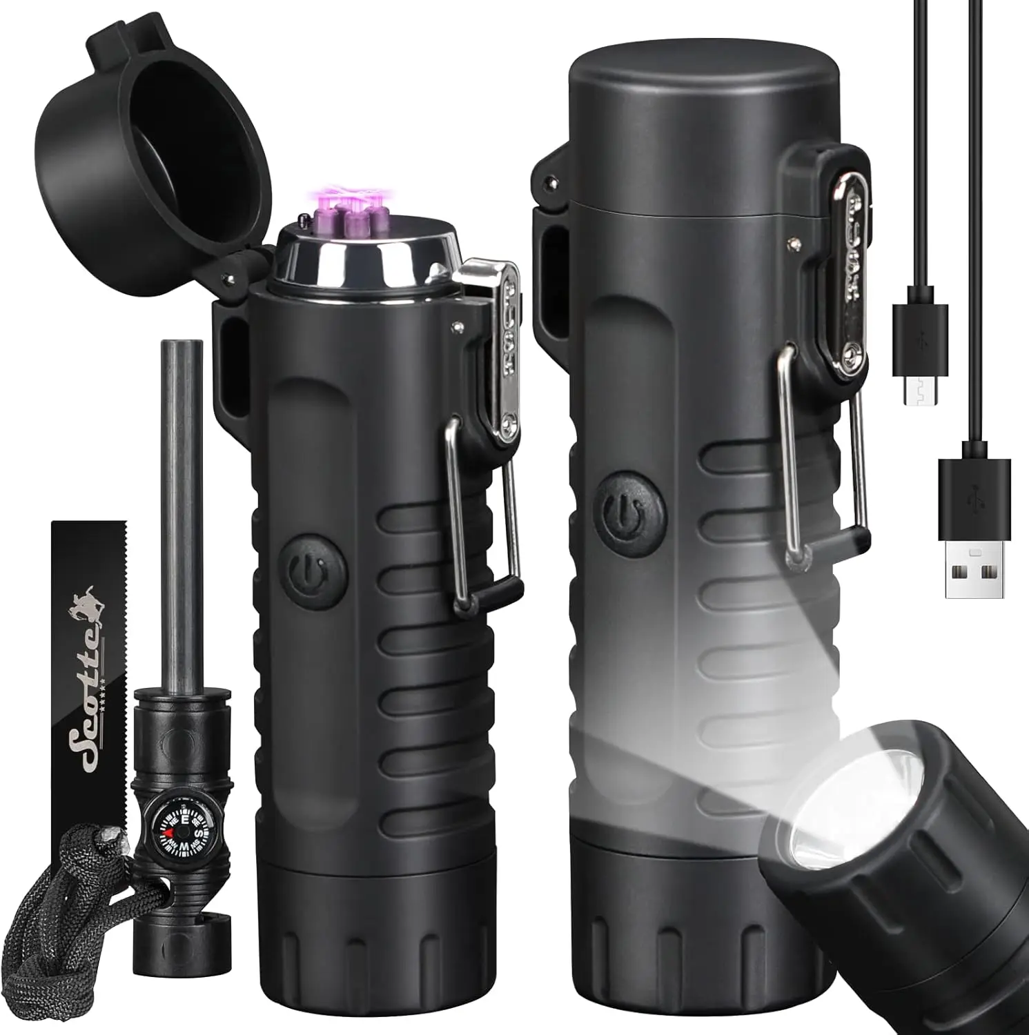 

Electric Windproof Arc Lighter with LED Flashlight & 5-in-1 Magnesium Fire Starter for Camping Survival