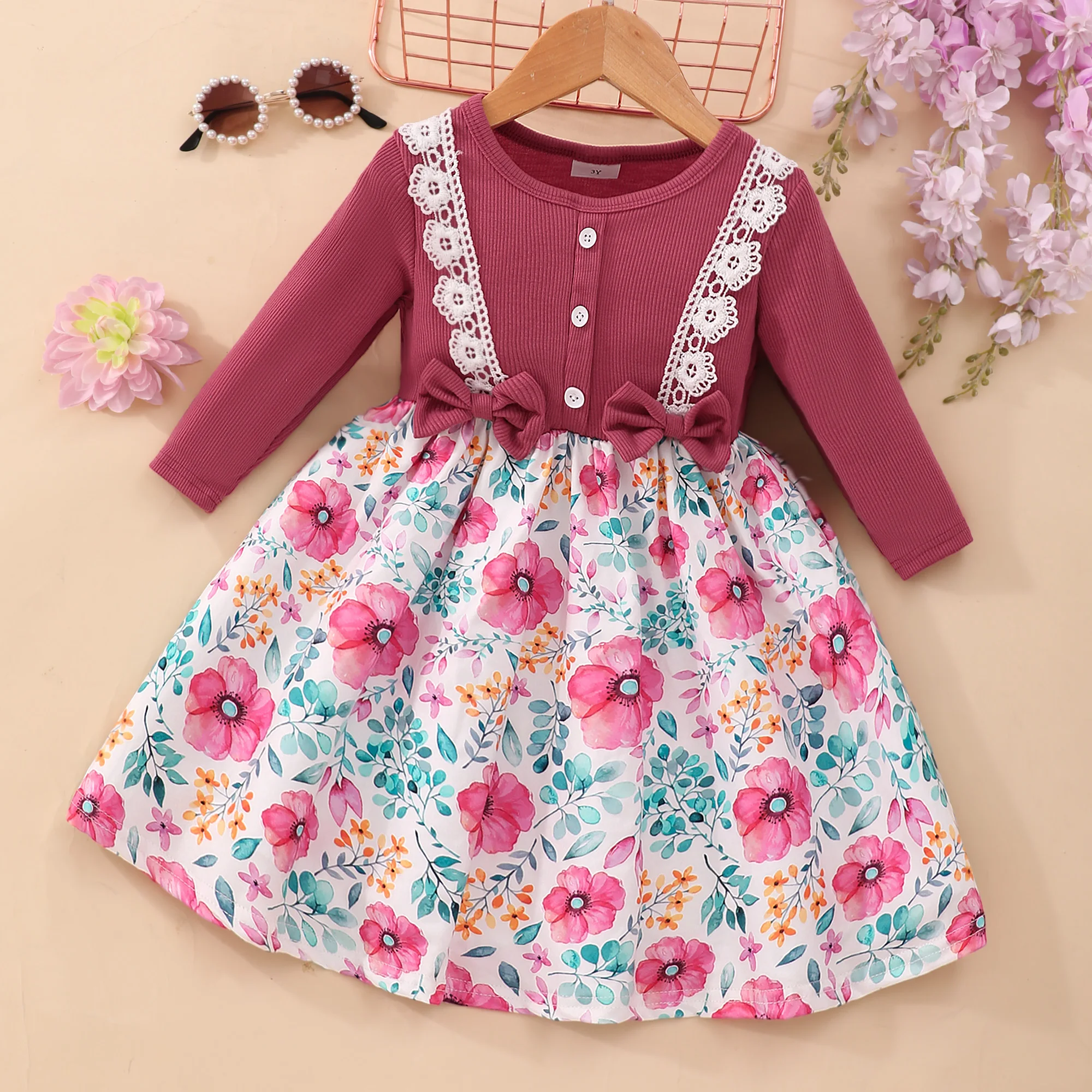 2023 New Girls Dress 3-7 Years Old Autumn Long Sleeve Flower Print Casual Dress Birthday Party Dress Girl Children's Dress