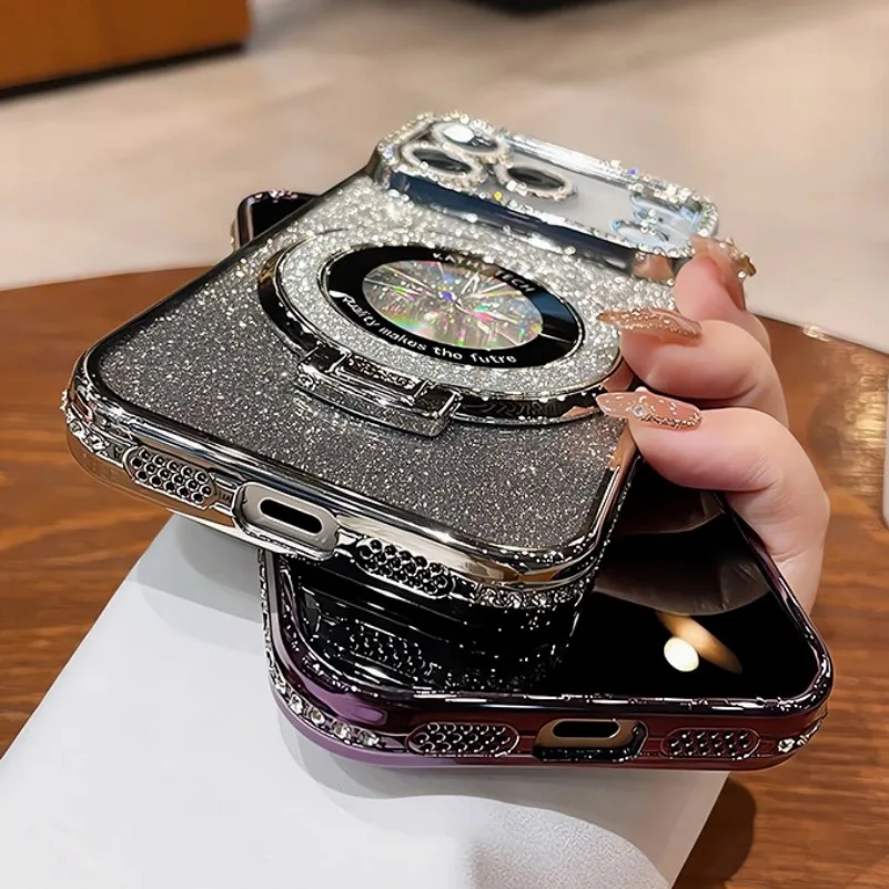 Glitter Magsafe Bracket Case for iPhone 17 16 15 11 12 14 13 Pro Max Plating Soft Bling Diamond Luxury Cover for iPhone 17 Air #5