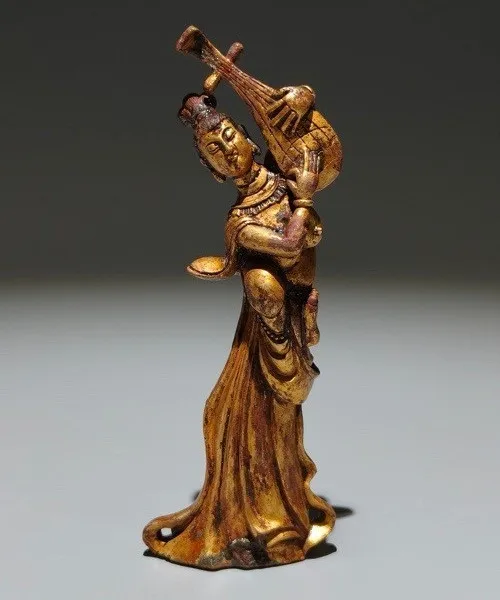 5.1'' Old Tang Dynasty Bronze Ware 24 K Gold Beautiful Woman Beauty Pipa Statue