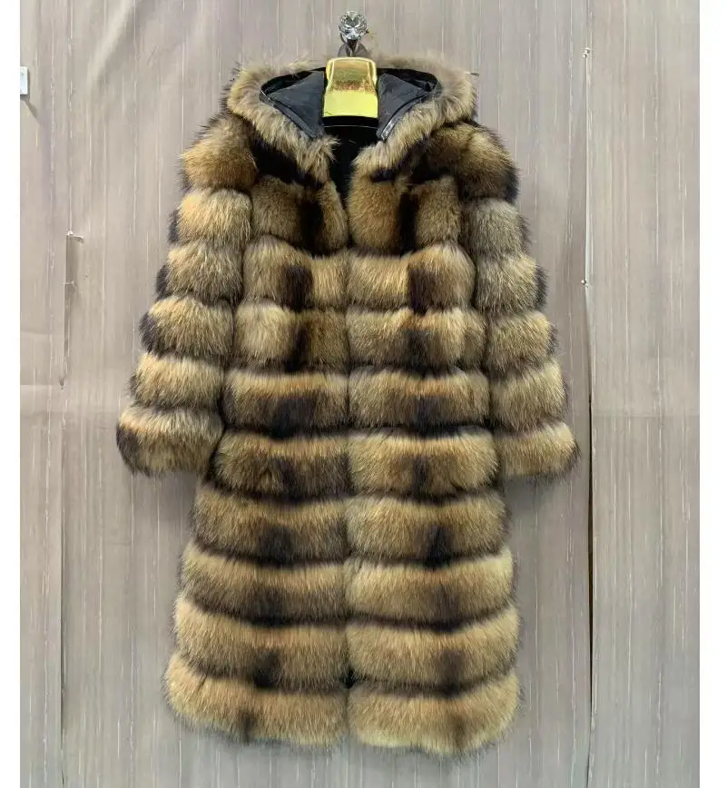 Waschbärpelzmantel für Damen mit Mütze, abnehmbaren Ärmeln, umwandelbare Weste, luxuriöser, dicker, warmer langer Mantel