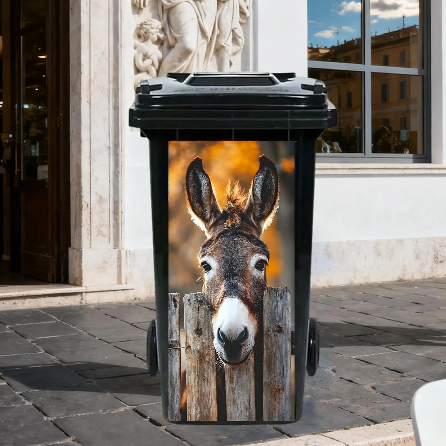 Peeking Donkey Trash Can Decal 82x37cm 2D Flat Broken‑Wooden‑Fence Effect Thick Waterproof Scratch‑Resistant PVC Home Decor