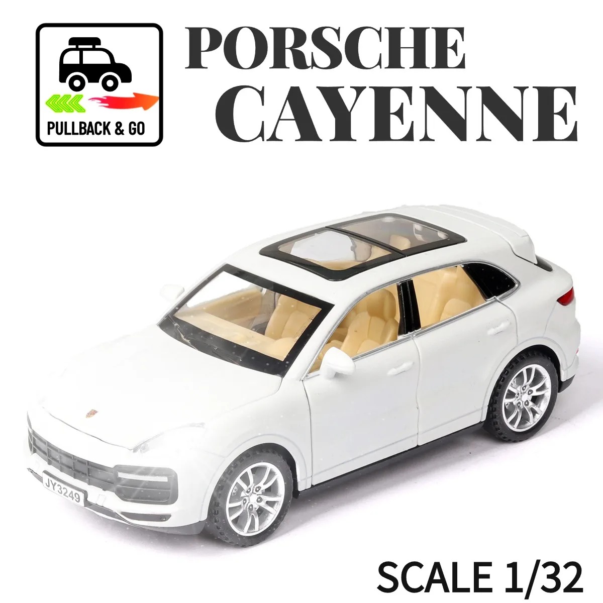 

1:32 Porsche Cayenne Pullback Car Toy with Lights Engine Sound, VW Ford Toyota Diecast Car Model Scale Replica Gift Kid Boy Toy