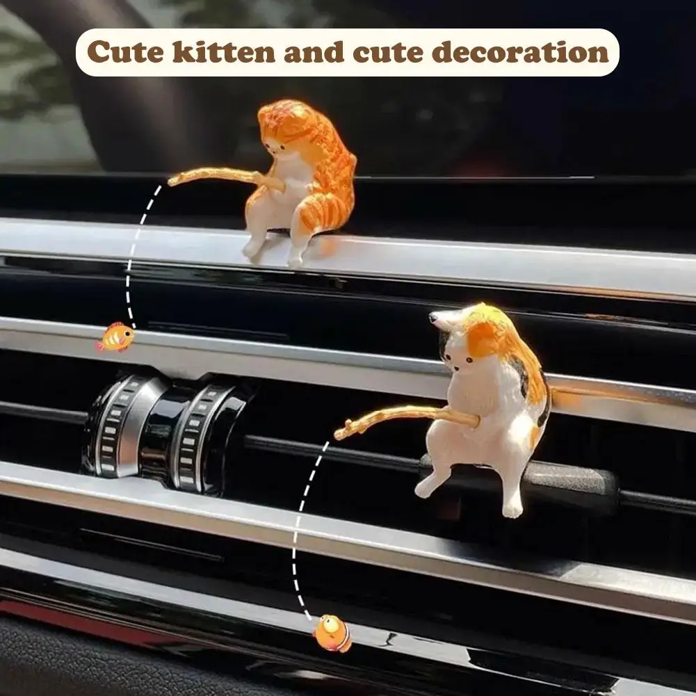 Cute Car Interior Fishing Cat Kawaii Funny Kitten Anime Decor Resin Toy Dashboard Window Air Outlet Decorative Accessories