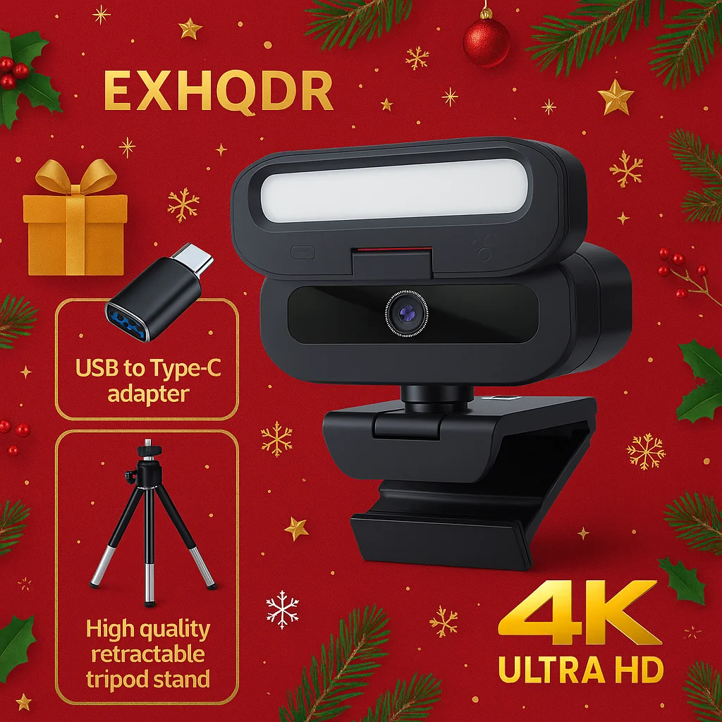 

USB Webcam with 3-Color Fill Light|4K Ultra HD Camera|Tripod Stand&Type-C Adapter|Gift Box for Meetings,Teaching,Streaming