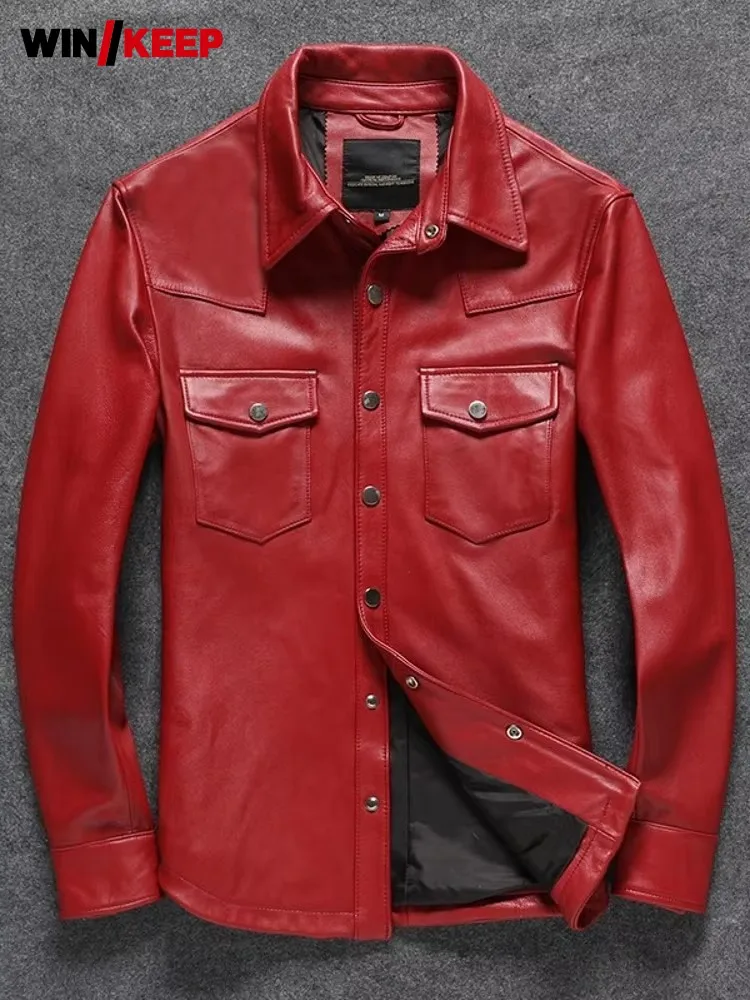 Fashion Red Genuine Leather Jacket Men Slim Fit Single Breasted Tops Motorcycle Biker Real Leather Coat Male Casual Outerwear