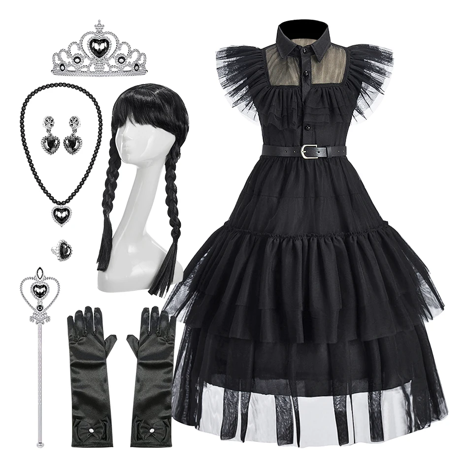 Children Addams Dress Up Little Girls Princess Birthday 4-12 Years Dresses Kids Addams Stage Performance Cosplay Dresses