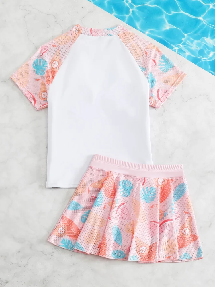 Girls Kids Swimsuit 2026 New Solid Print Mesh Short Skirt Children Swimwear Summer Two Piece Short Sleeve Beachwear Bathing Suit