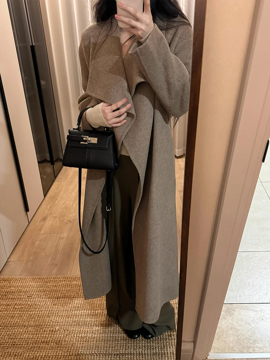 

Double-Sided Camere Robe Coat Korean Sle Lazy Faion Mid-Length Woolen Jaet Women's Faion Commute Straight Cut
