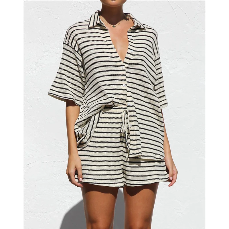 

Женский летний комплект, хлопковая рубашка в вафельную полоску + шорты, комплект из двух предметов