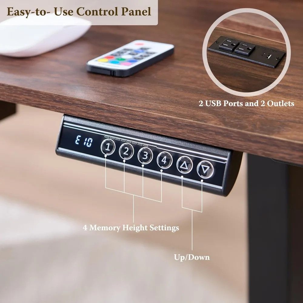 مكتب قائم كهربائي 60 بوصة ارتفاع قابل للتعديل، مكتب الجلوس مع صينية لوحة المفاتيح، منافذ الطاقة، أضواء LED ورف الشاشة -