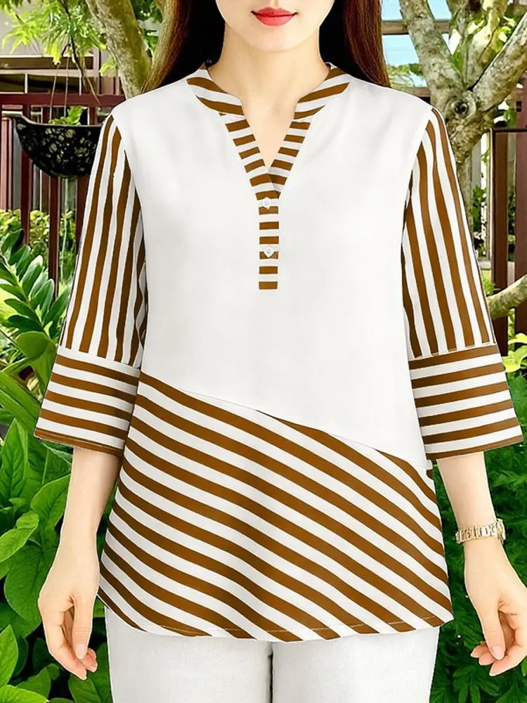 2025 elegante decote em v camisa de escritório zanzea feminino verão retalhos blusa listra blusas casuais 3/4 manga botões até topos oversize