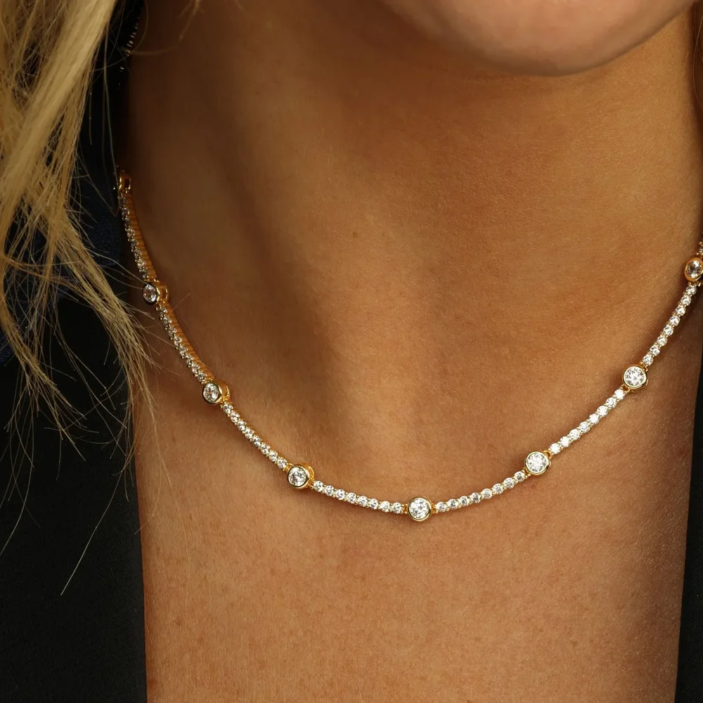 Altın renk moda kadınlar takı 5A kübik zirkonya CZ Bar Band Charm tenis zincir gerdanlık kolye