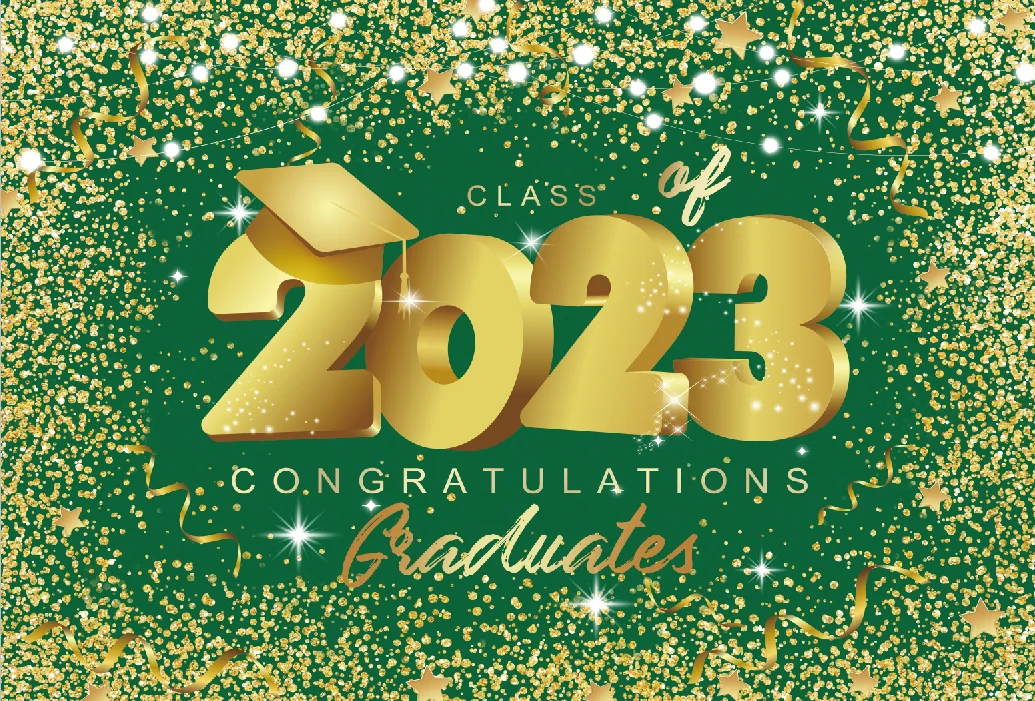 7x5FT Gold Green Congrats Grads Graduation Class of 2024 Prom Caps Custom Photo Studio Backdrop Background Vinyl 220cm x 150cm