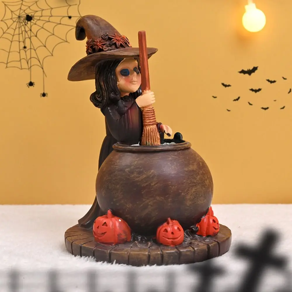 Scary Halloween Pumpkin Witch Statues Resin Funny Witch Boiling Medicine Figurine Realistic Happy Halloween Decoration