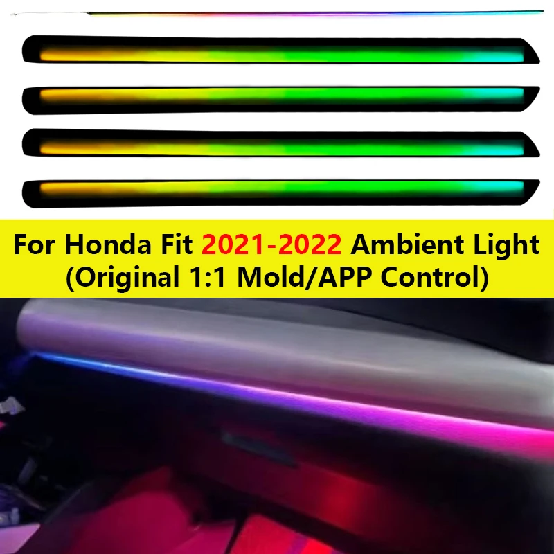 17 in 1 64 Color Dynamic Ambient Lighting Car Kit For Honda Fit 2021-2022 Dashboard Door Decoration Atmosphere Lamp APP Control