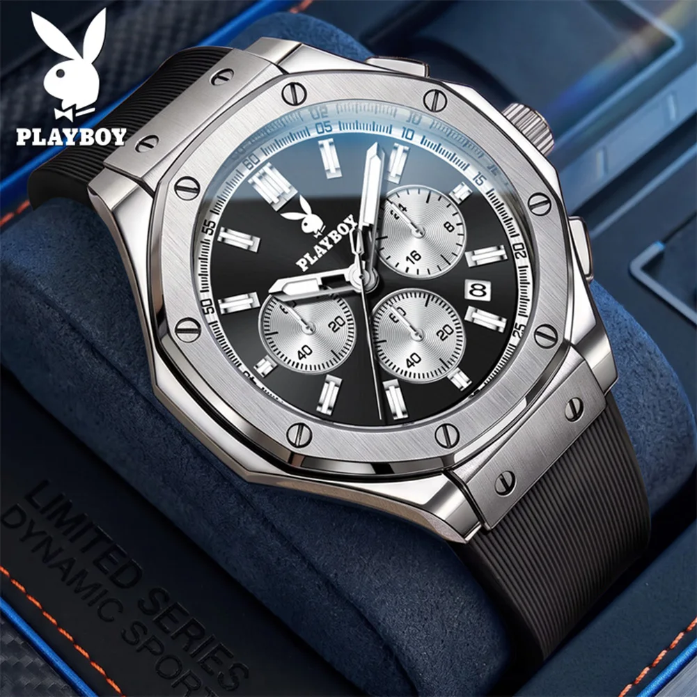 PLAYBOY Chronograph Quartz Watch Men Original Silicone Strap Glow Waterproof Multi Function Luxury Man Sports Wristwatch 3145