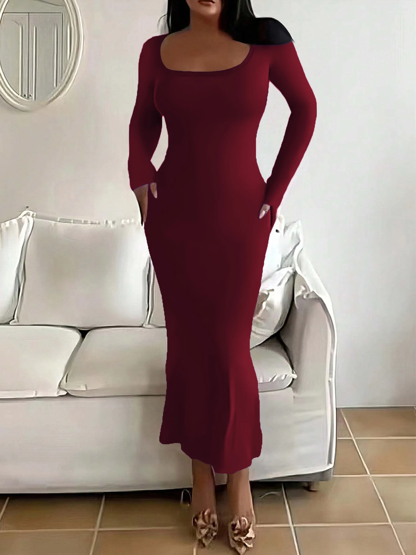 Plus Size Women's Long Slim Fit Dress with Square Neck Long Sleeves Extra Lengthy Tight Fitting Eveningwear - Image 3