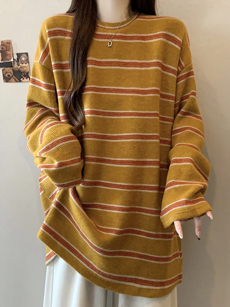 

Премиум-свитшот женский желтый в полоску, больших размеров, с эффектом похудения, удобный крой, длинный рукав, в корейском стиле