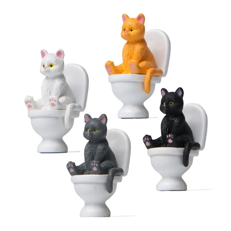 4 Styles of Sitting Toilet Cat Figurines for Bathroom, Creative Miniature Landscape Gardening Decor, Room Ornaments
