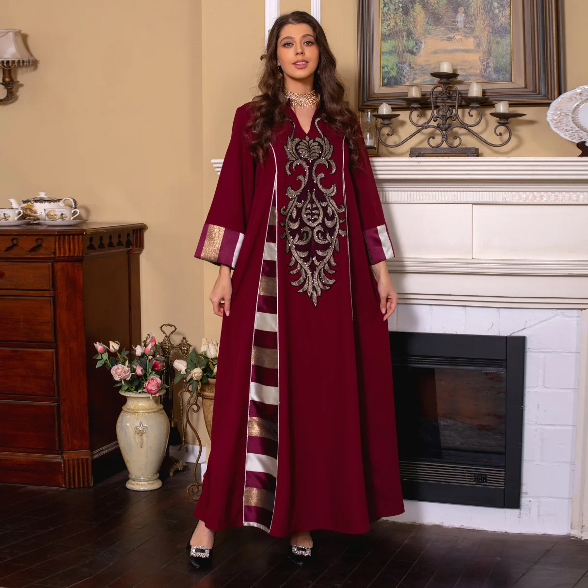 AB052 Women's Clothing Beaded Embroidery Spliced Stripes Abaya Muslim Robe