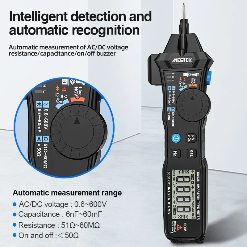 MESTEK Digital Multimeter 6000 Counts Pocket Pen Style Auto Range/Smart Multimeter NCV Detection DC/AC Voltage multimeter