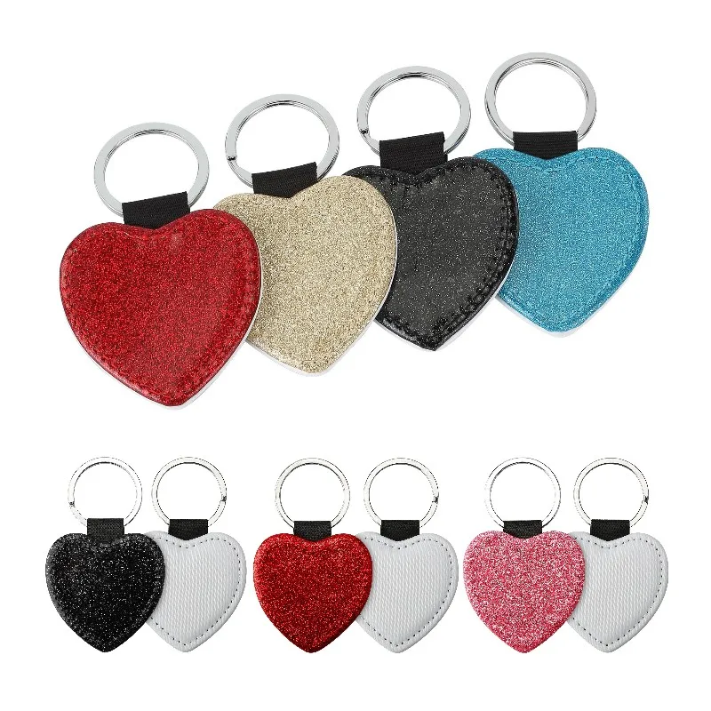 20pcs sequin PU Leather Keychain Heart Sublimation Blank Glitter Key Chain Thermal Transfer Keyrings For DIY Printing Logo Image