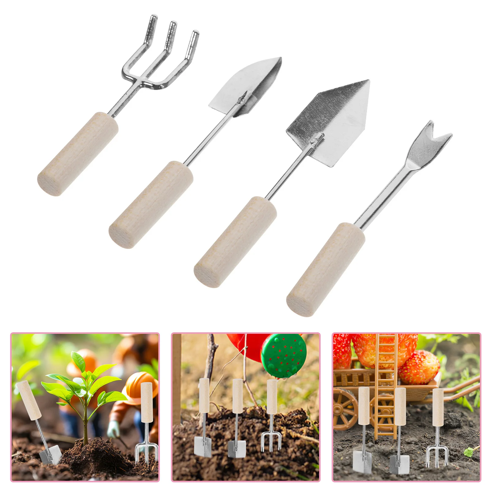 Set di attrezzi da giardino in miniatura da 4 pezzi Accessori per case delle bambole leggeri e sicuri in legno in lega di zinco Mini attrezzi da giardinaggio