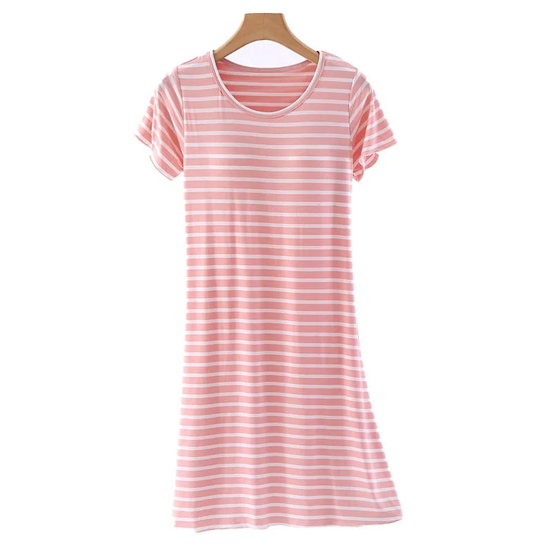 Summer Modal Nightgown with Chest Pads New Striped Pajamas Women Can Be Worn Outside Short-Sleeved Dress Large Size Homewear