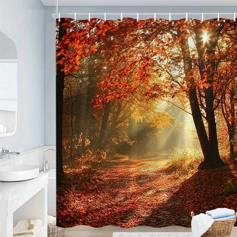 1pc Autumn Forest Shower Curtain with Hooks - Realistic Sunlit Forest Path, Tall Trees & Fallen Leaves, Misty Landscape - Machin