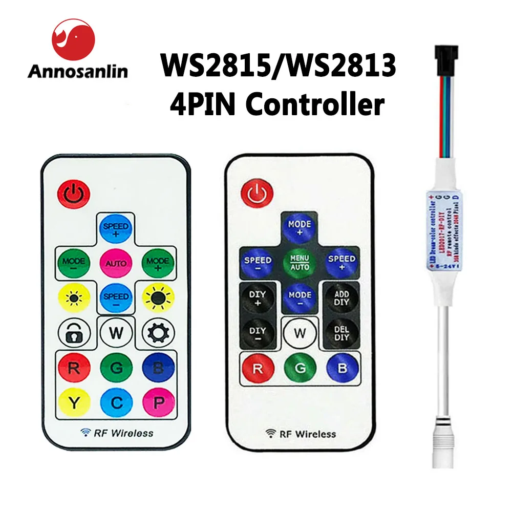 WS2815 WS2813 LED Strip Light Controller 14key 17Key RF Remote Wireless 350+ Dream Effect 4PIN SM JST RGB IC Lighting DC5V-24V