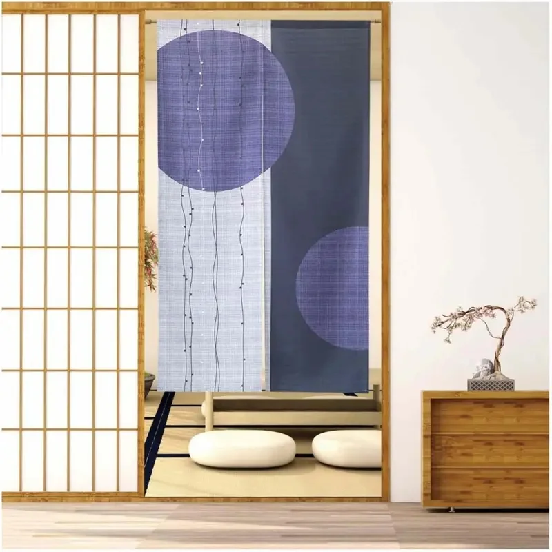 VIKAMA Japanese Abstract Geometric Noren Door Curtain Purple Circle Line Art Print Fabric Room Divider Curtain Home Decor
