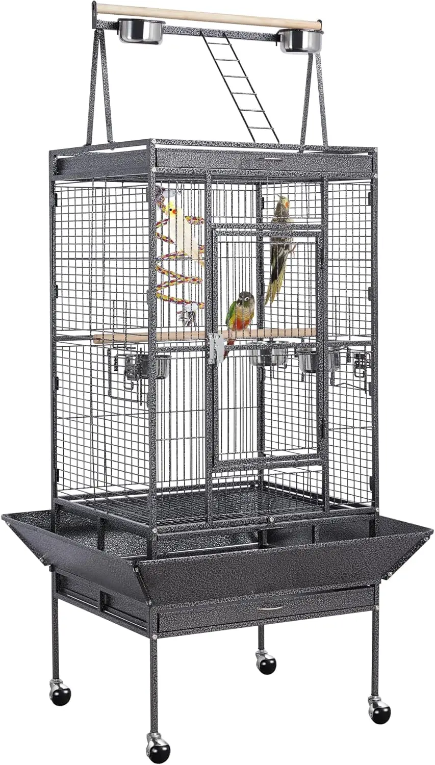 

69-Inch Rolling Iron Parrot Cage with Play Top, Stand for African Grey, Cockatiel, Conure, Lovebird - Durable & Easy Clean