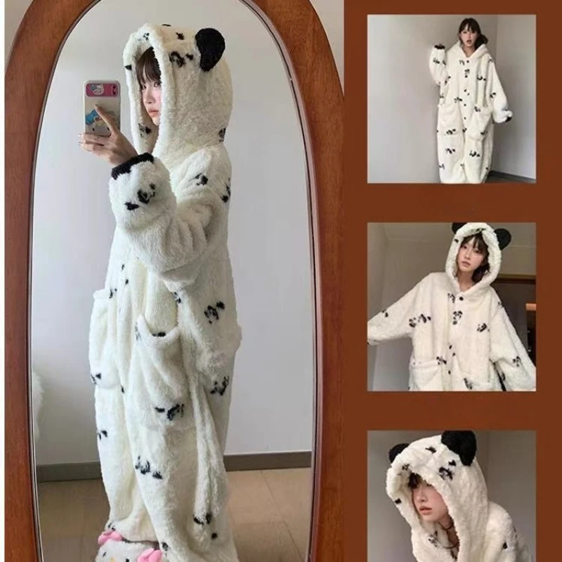 Cute Cartoon Coral Velvet Hooded Onesies Pajamas Kawaii Autumn Winter Thickened Padded Warm Fleece Rompers Sleepwear for Women