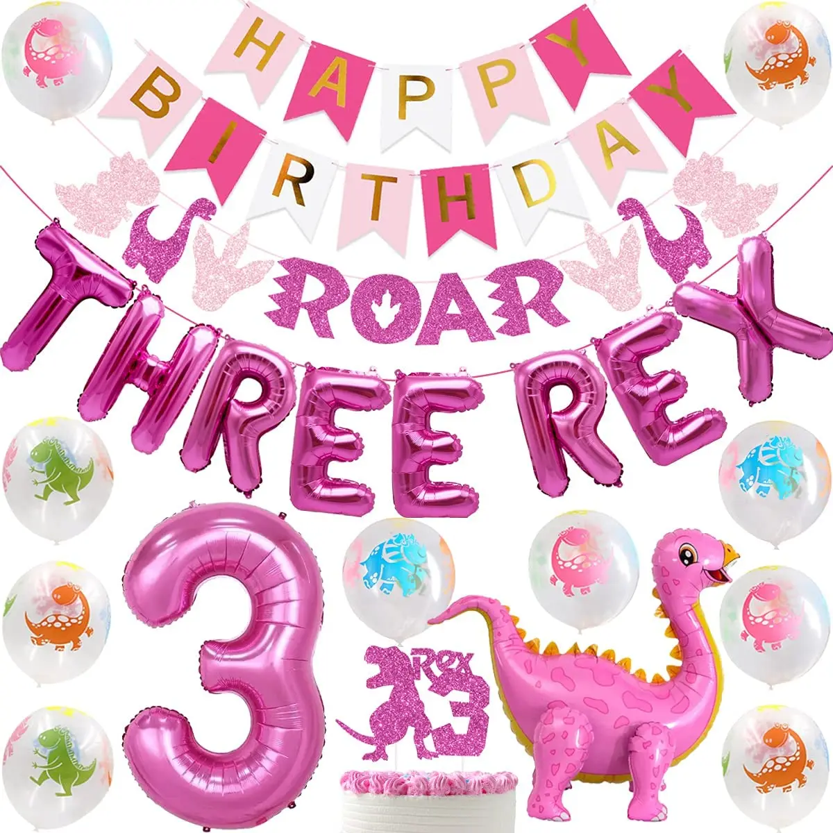 

Funmemoir Three Rex Dinosaur 3rd Birthday Party Decorations for Girls Three Rex Banner Cake Topper ROAR Garland Dinosaur Balloon