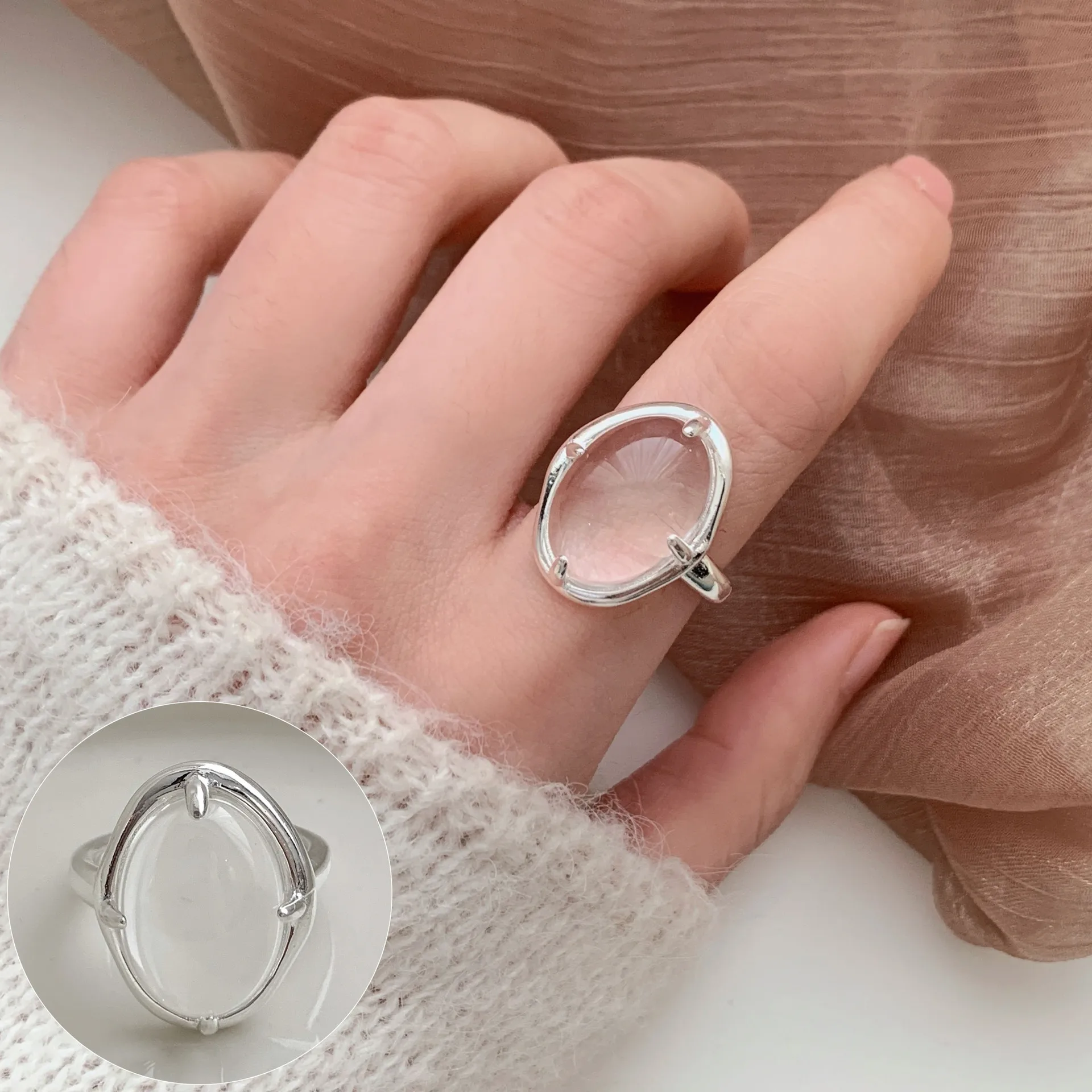 

Oval Transparent Crystal Open Ring, Geometric Silver Tone Stainless Steel Adjustable Ring for Women Party Wholesale Anillos