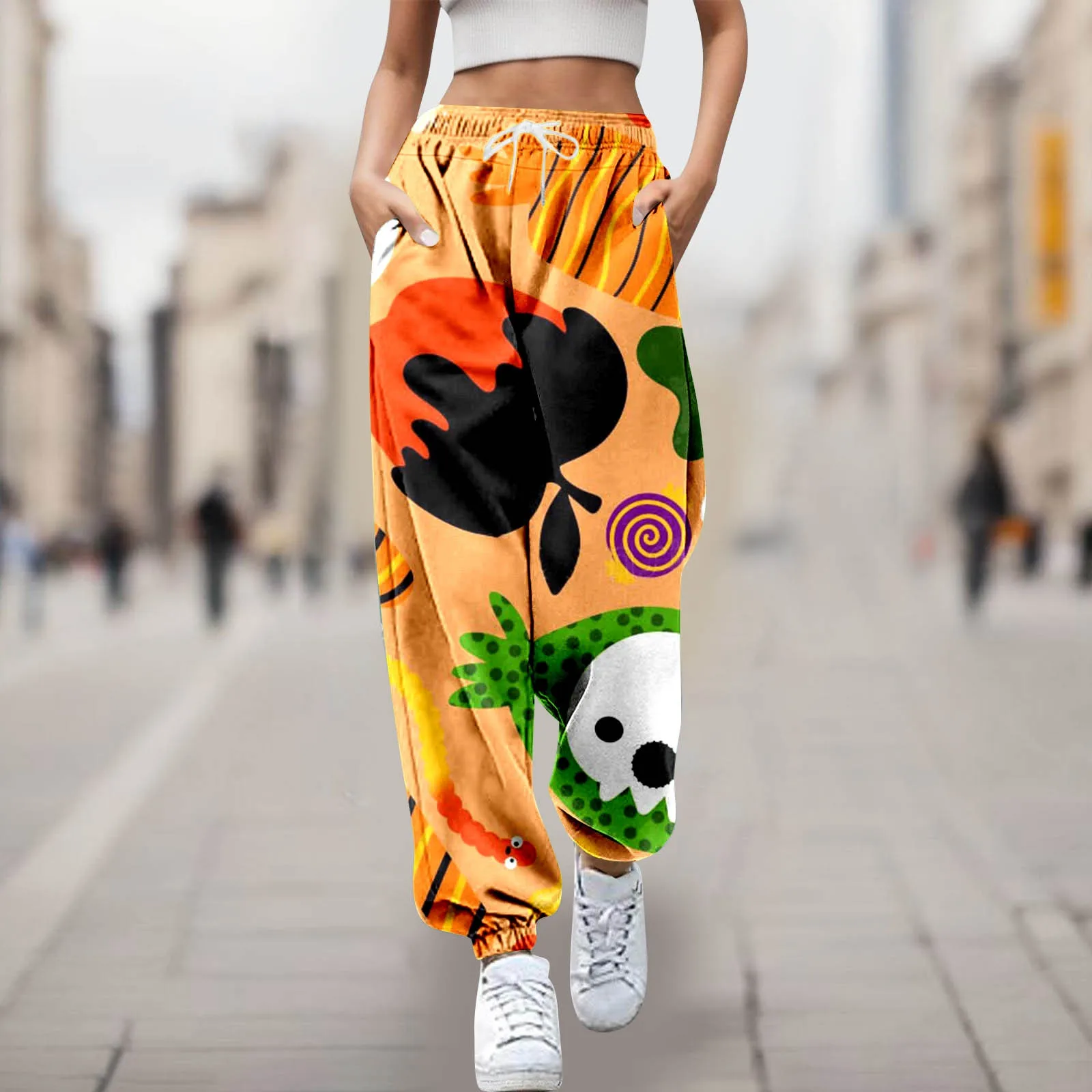 Pantaloni di Halloween da donna Cartoon Colorful Full Print Personality Trend Pants pantaloni larghi alla caviglia con coulisse a vita alta