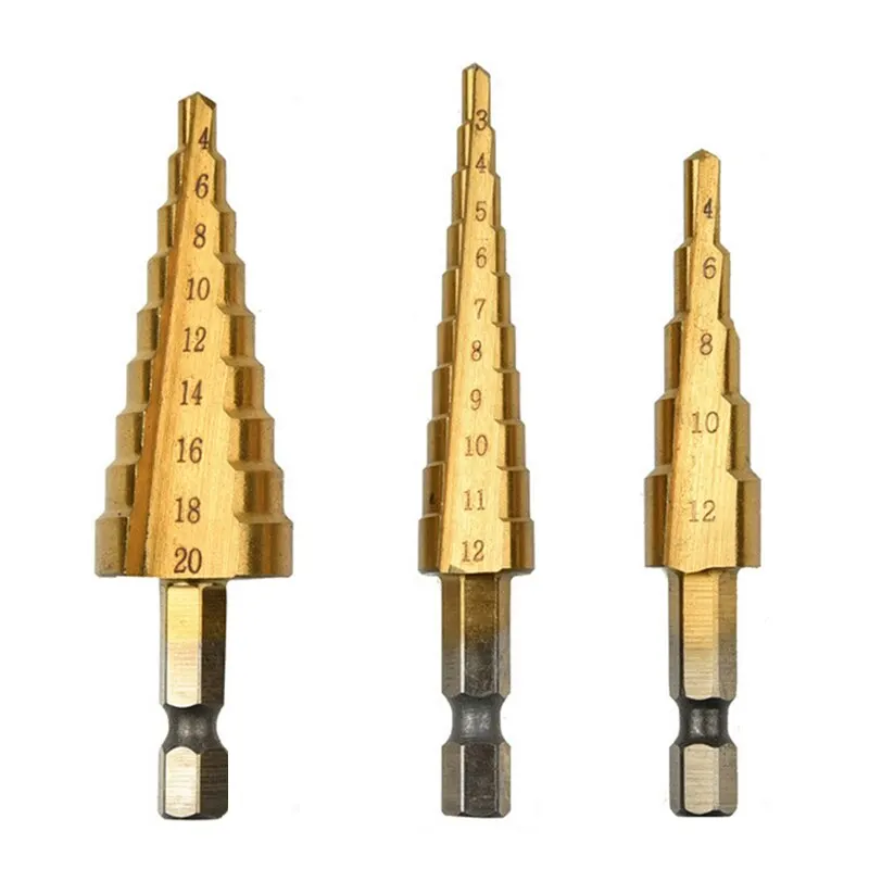 

Hexagonal Shank Straight Slot Titanium Plated Ladder Drill 3-12/4-12/4-20mm Small 3PC Set Pagoda Drill Bit Drilling Tool