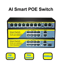 Poeイーサネットスイッチ、8ポート、100mbps、ネットワークスプリッター、52v、ipカメラ用vlan、ワイヤレスap、iee 802.3 af/at