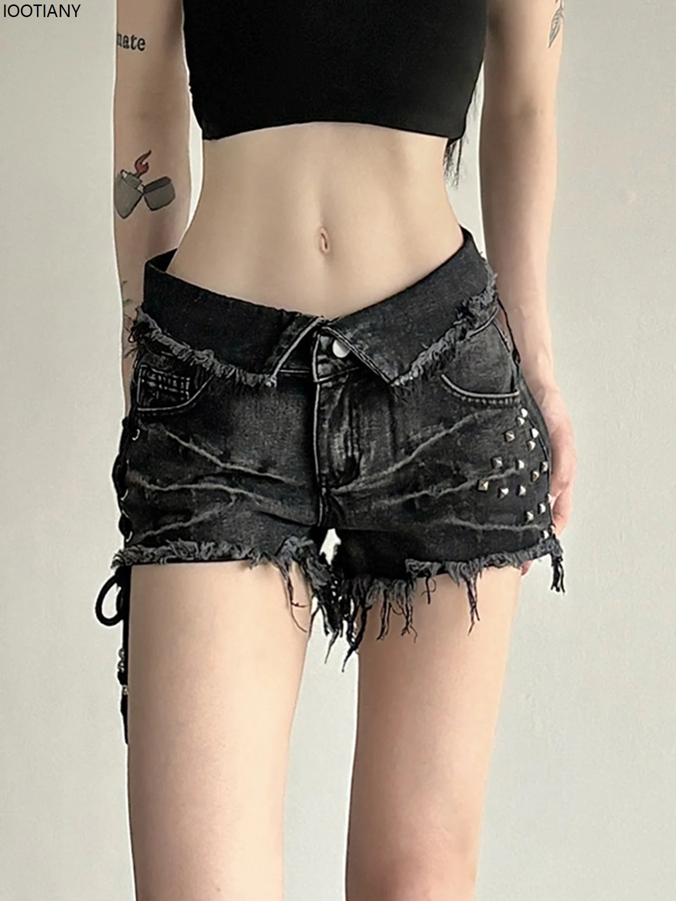 Shorts Y2k Womens Street Hip Hop High Waist Punk Sexy Summer Denim Shorts Female Black Aesthetic Japanese Flip Waist Shorts