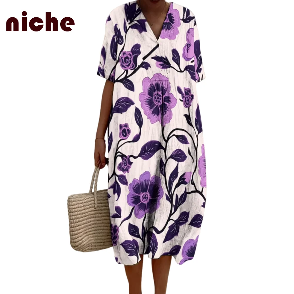 Elegant Ladies Long Dress Purple Flower Graphic Printing High Quality Cotton And Linen Soft Designer Trendy Fashion Long Skirt