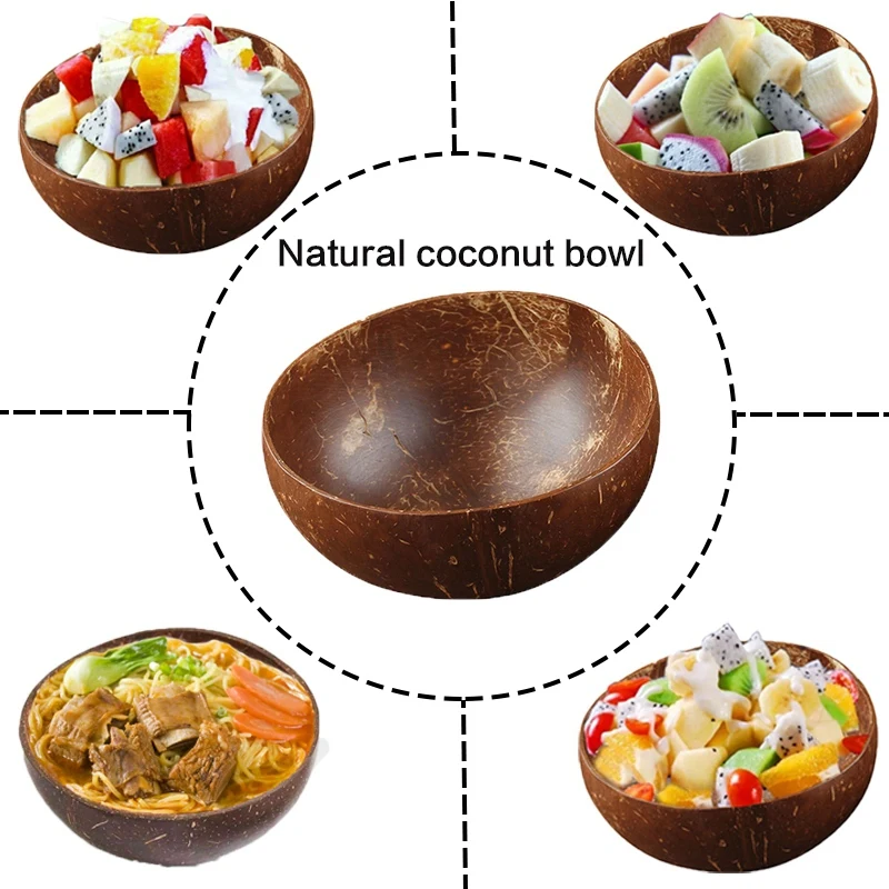 2Pcs Natural Coconut Bowl Tablespoon Set - Fruit Salad Noodle Rice Bowl Wooden Fruit Bowl Handicraft Decoration Φ12-15Cm