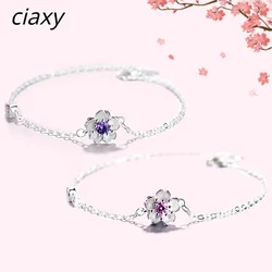 CIAXY Silver Color Cherry Blossom Bracelet with Pink Purple Crystal for Women Friendship Flower Bracelets Elegant Sweet Jewelry