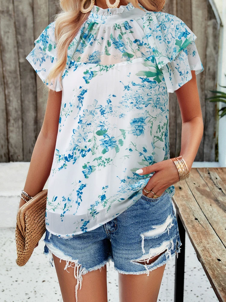 Floral Print Blouse Women Vintage Boho Ruffle Tops Female Summer Casual Short Sleeve Shirts Ladies Elegant Round Neck Tees