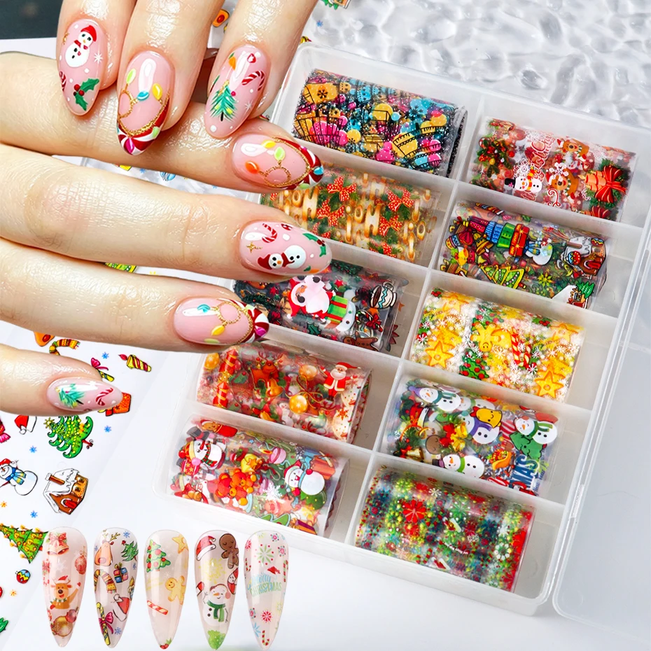 10 Rolls Cartoon Christmas Nail Foil Transfer Nail Stickers Cute Santa Snowman Snowflake Gingerbread Xmas Nail Art Foils Decor
