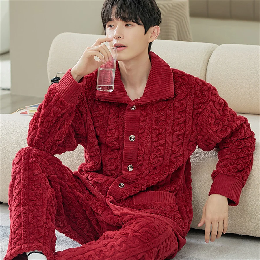 Men Warm Flannel Winter Pajamas Turn-down Collar Long Sleeve Homewear Two-piece Set Loose Comfortable Thick Sleepwear Nightwear